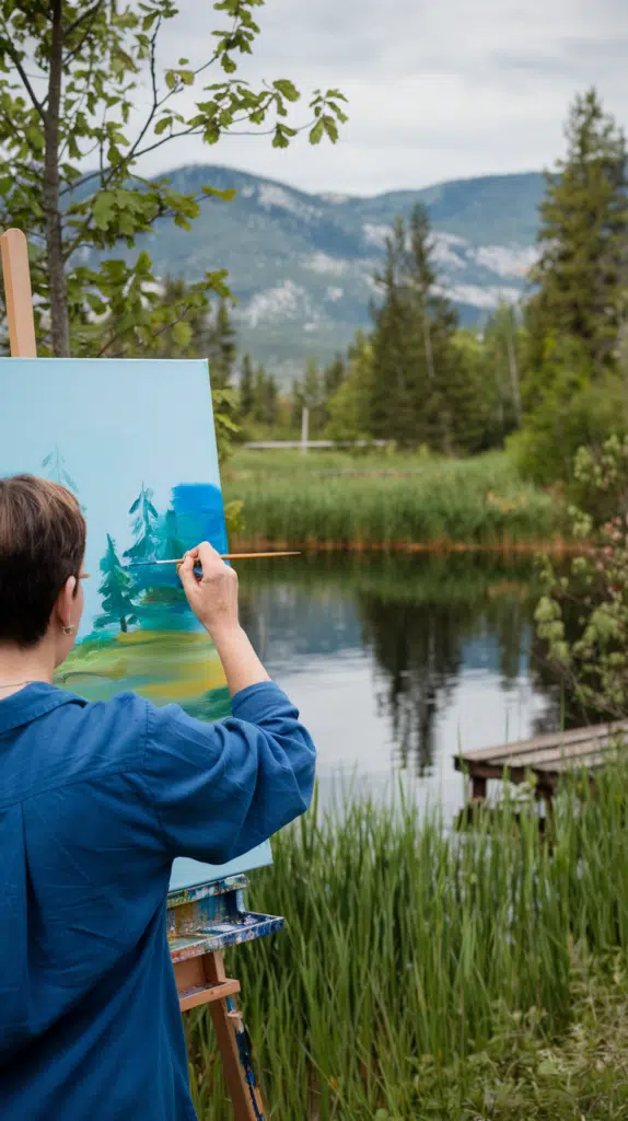 artist painting in front of lake