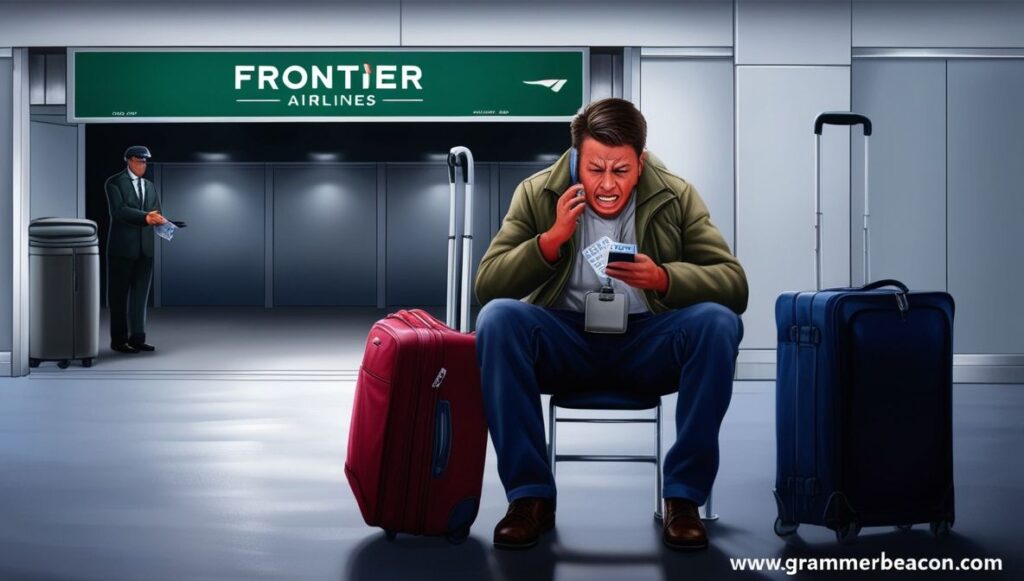 Frustrated passenger waiting near a closed Frontier Airlines gate due to flight cancellation