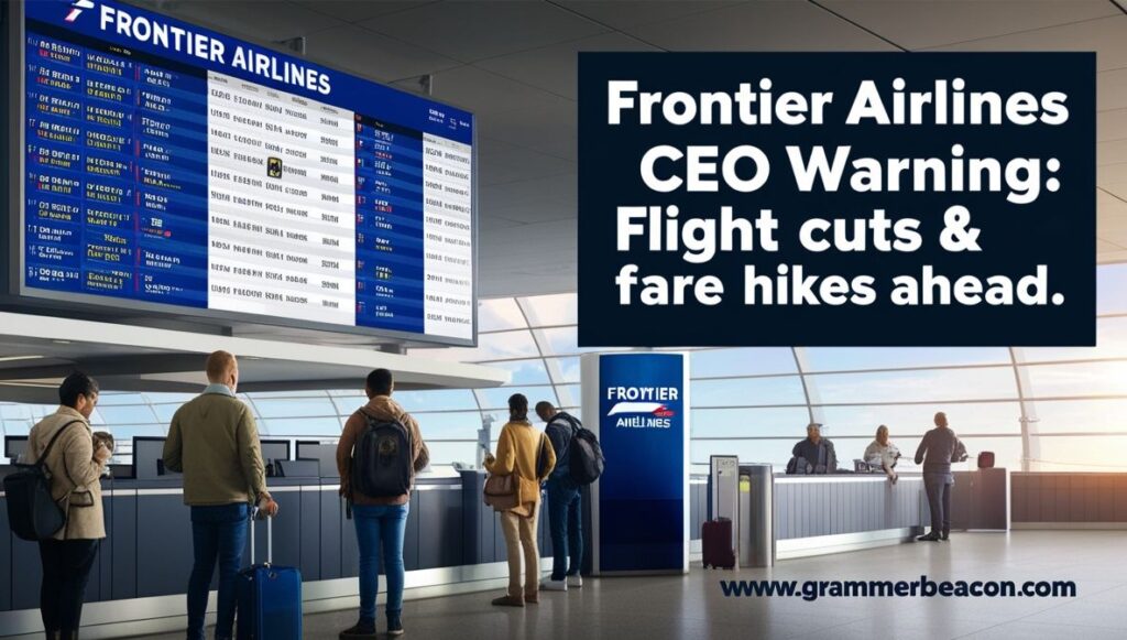Passengers at an airport looking at Frontier Airlines flight delays with headline warning overlay.