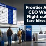 Passengers at an airport looking at Frontier Airlines flight delays with headline warning overlay.