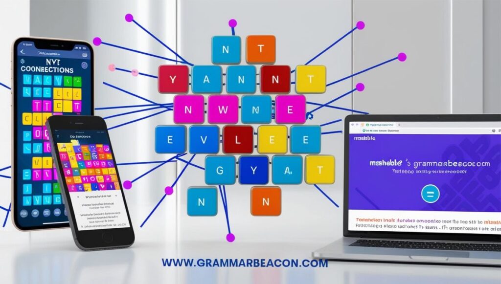 Screen showing NYT Connections word puzzle with connected word groups and Mashable’s daily hints on a laptop.