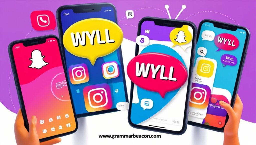 Smartphone screens showing colorful chat bubbles with the acronym WYLL, surrounded by Snapchat and Instagram icons representing online texting slang.