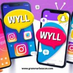 Smartphone screens showing colorful chat bubbles with the acronym WYLL, surrounded by Snapchat and Instagram icons representing online texting slang.