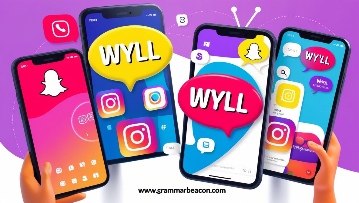 Smartphone screens showing colorful chat bubbles with the acronym WYLL, surrounded by Snapchat and Instagram icons representing online texting slang.